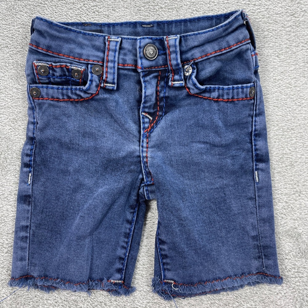 True Religion Denim Shorts Boys 2T Blue Geno Big T 4th Short Cut Off Raw Hem